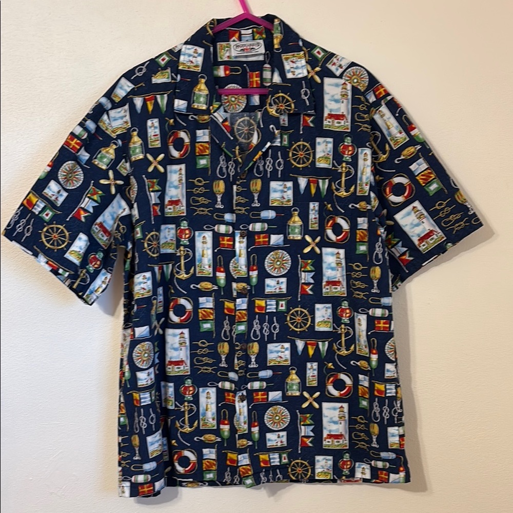Pacific Legend Blue Casual Button Down Shirt with Nautical Print XL pocket